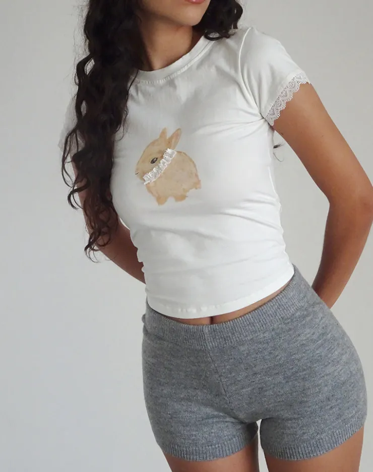 Women Motel Rocks Basics | Basic Tops | Izzy Baby Tee in Off White with Rabbit Print