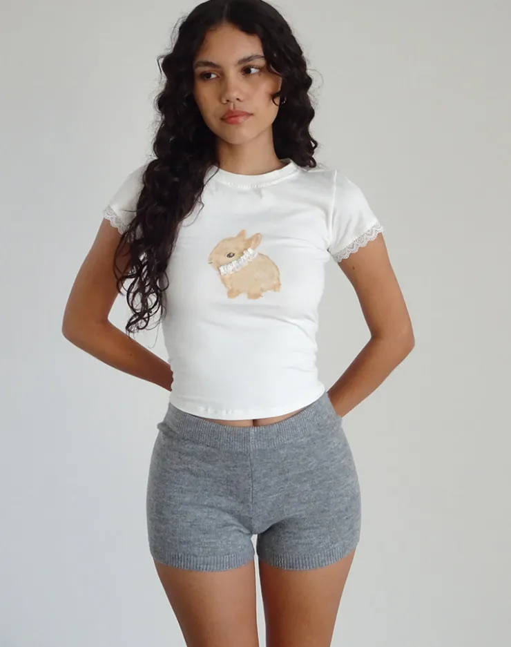 Women Motel Rocks Basics | Basic Tops | Izzy Baby Tee in Off White with Rabbit Print