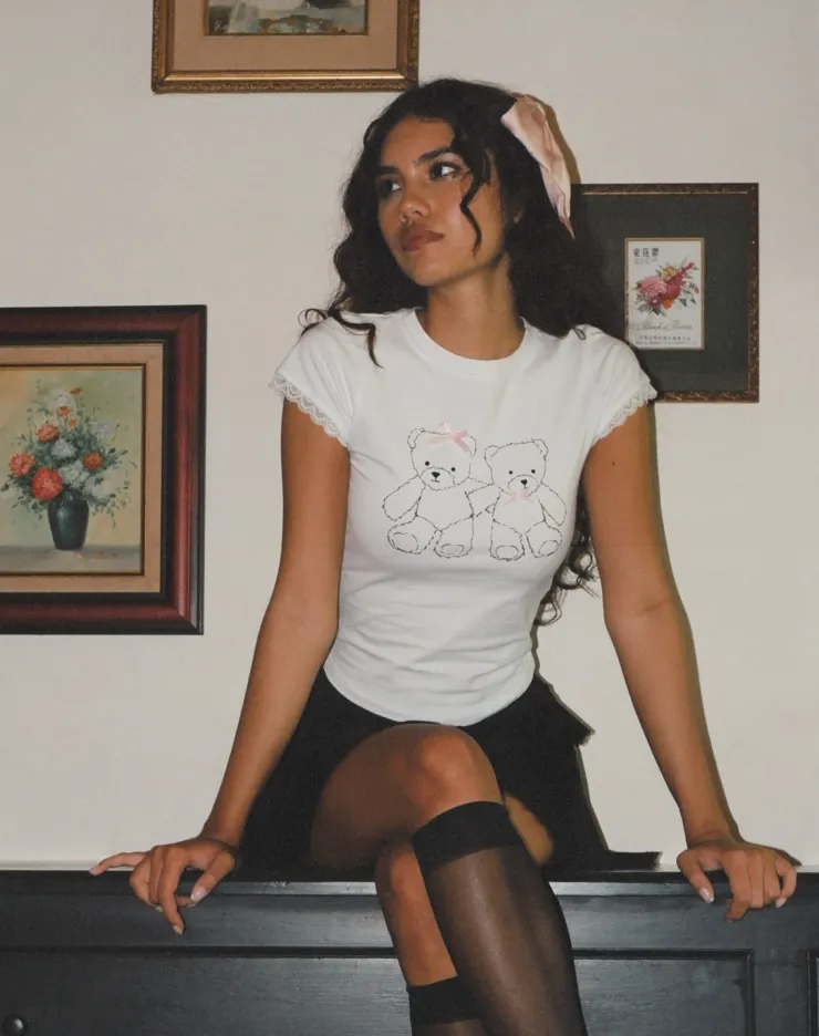 Women Motel Rocks Printed Tops | Tees | Izzy Lace Trim Baby Tee in White Teddy Motif