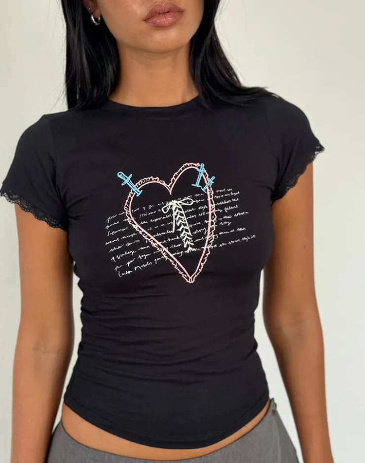 Women Motel Rocks Basic Tops | Printed Tops | Izzy Lace Trim Tee in Black Lace Up Heart Motif