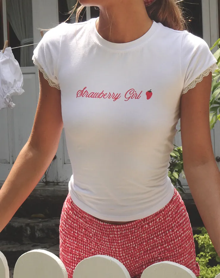 Women Motel Rocks Basic Tops | Printed Tops | Izzy Top in White Strawberry Girl Script