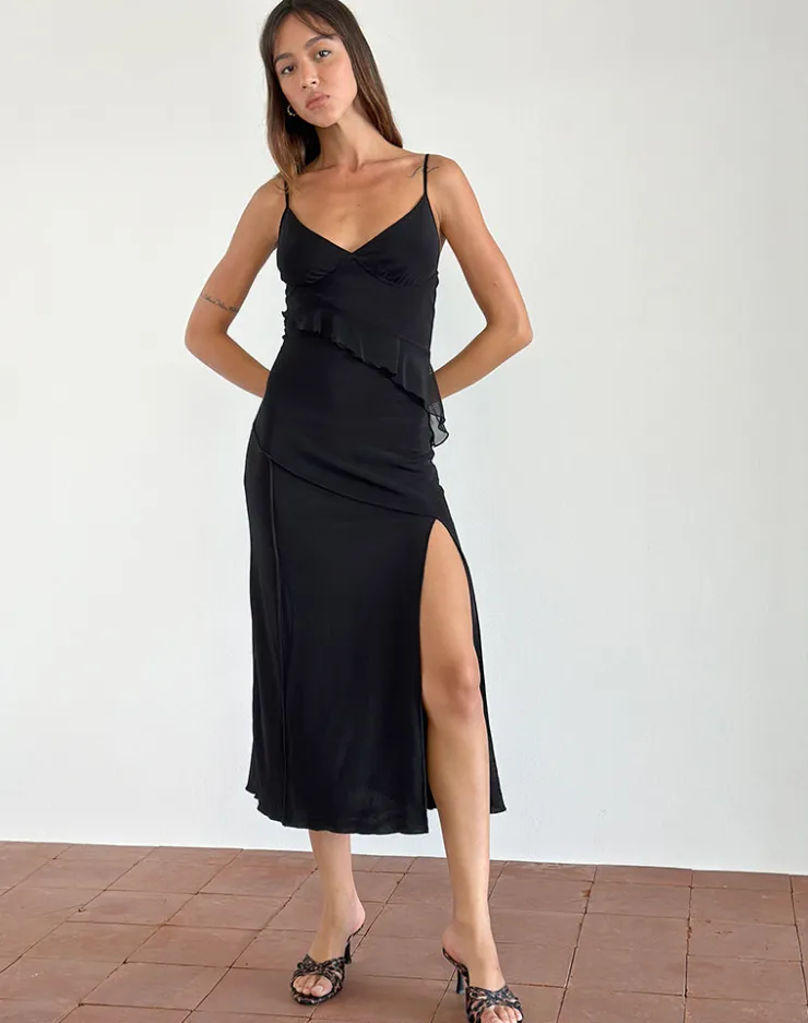 Women Motel Rocks Midi Dresses | Jacy Ruffle Midi Dress in Mesh Black