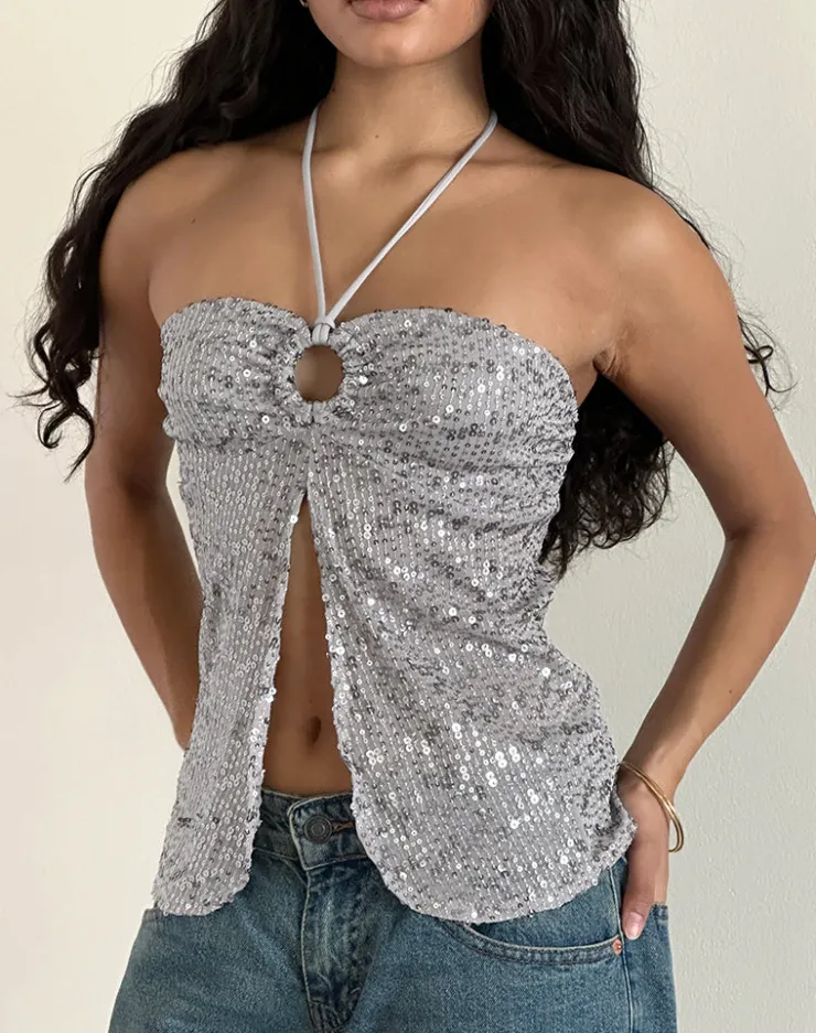 Women Motel Rocks Halterneck Tops | Sequin Tops | Janar Halterneck Top in Gauzy Sequin Silver