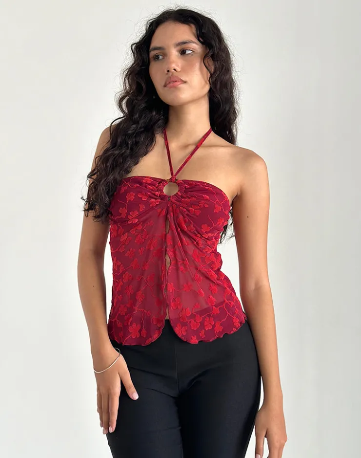 Women Motel Rocks Halterneck Tops | Printed Tops | Janar Halterneck Top in Grunge Flower Flock Red