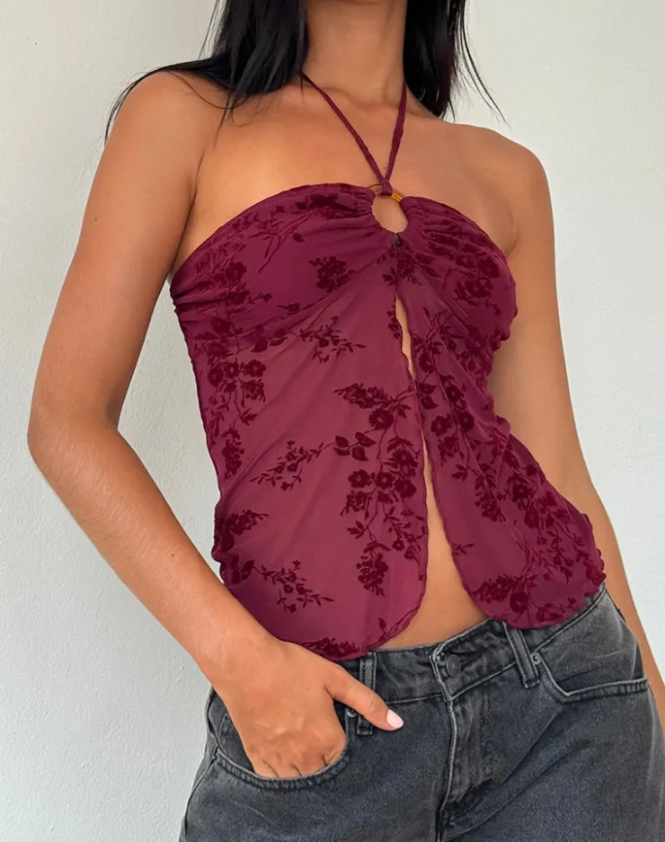 Women Motel Rocks Halterneck Tops | Strappy Tops | Janar Top in Botanical Flower Maroon