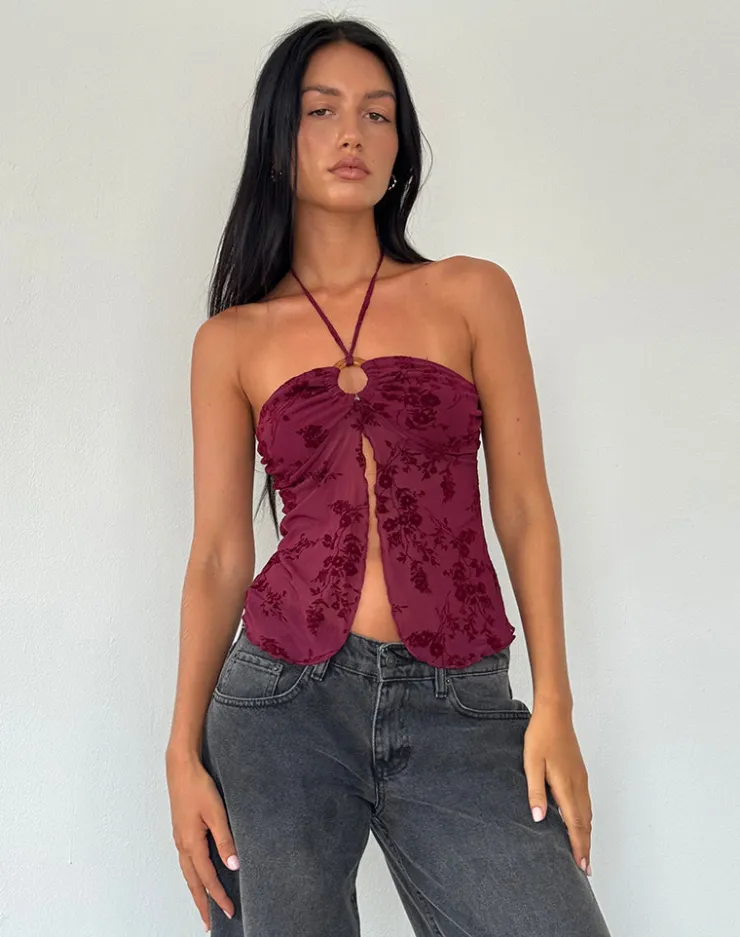 Women Motel Rocks Halterneck Tops | Strappy Tops | Janar Top in Botanical Flower Maroon