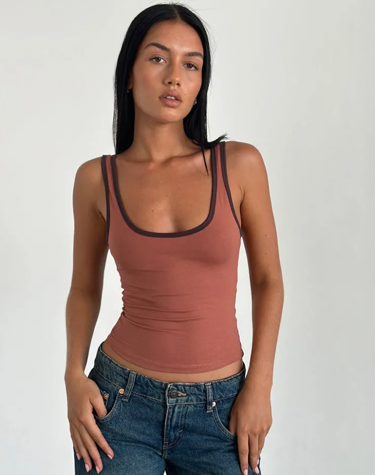 Women Motel Rocks Basic Tops | Strappy Tops | Jastiya Top in Brick with Brown Binding