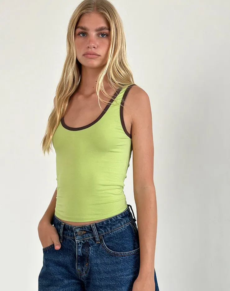 Women Motel Rocks Vest Tops | Basic Tops | Jastiya Top in Green Banana with Deep Mahogany Binding