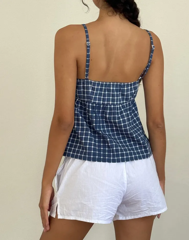 Women Motel Rocks Strappy Tops | Going Out Tops | Jeju Top in Navy Tartan Poplin