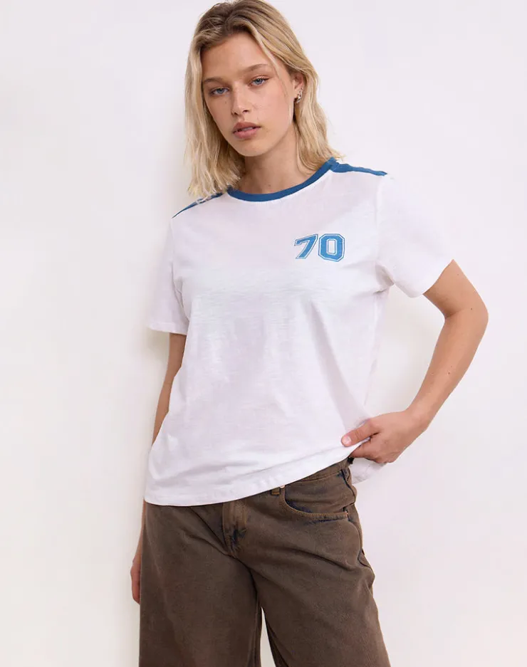 Women Motel Rocks Tees | Jihan Top in Off White with Mediterranean Blue Binding