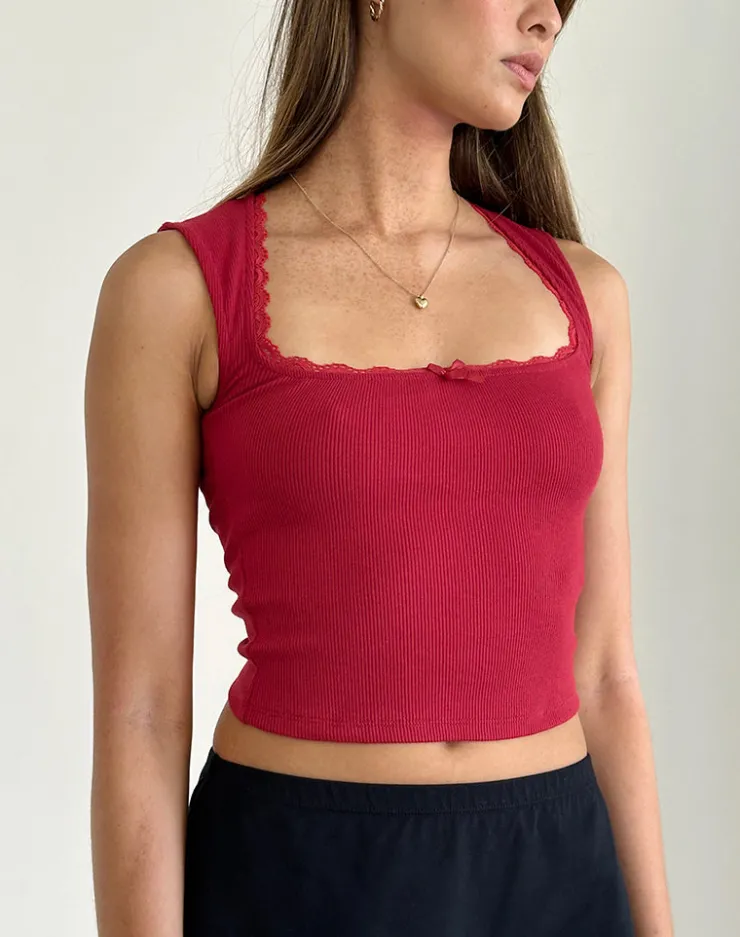 Women Motel Rocks Basic Tops | Vest Tops | Jinila Top In Adrenaline Red With Lace Trim And Bow