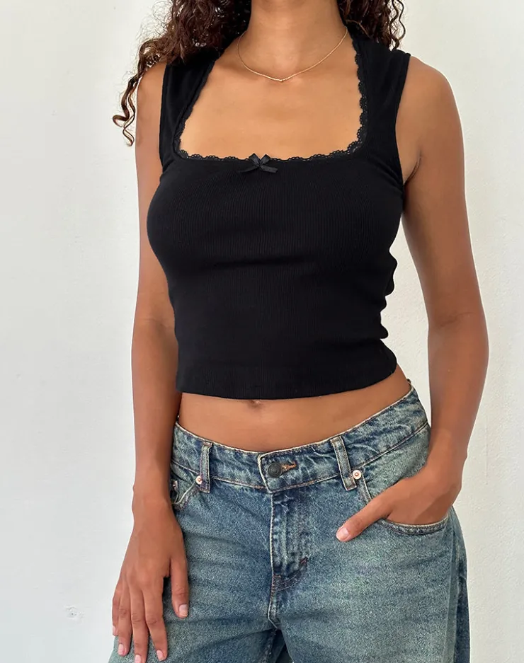 Women Motel Rocks Basics | Basic Tops | Jinila Top in Black with Lace Trim and Bow