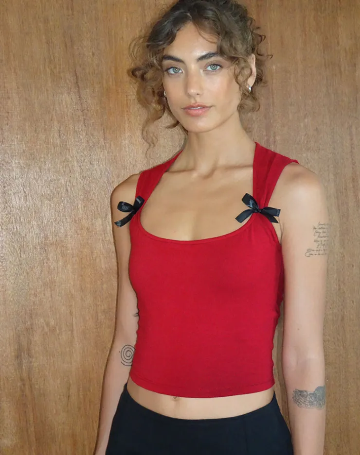 Women Motel Rocks Basic Tops | Vest Tops | Jiniso Crop Top in Adrenaline Red with Black Bows