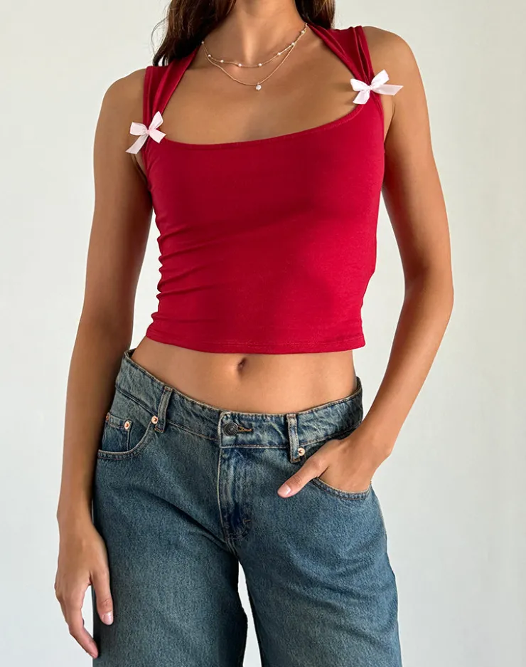 Women Motel Rocks Basic Tops | Vest Tops | Jiniso Crop Top in Adrenaline Red with Pink Bows