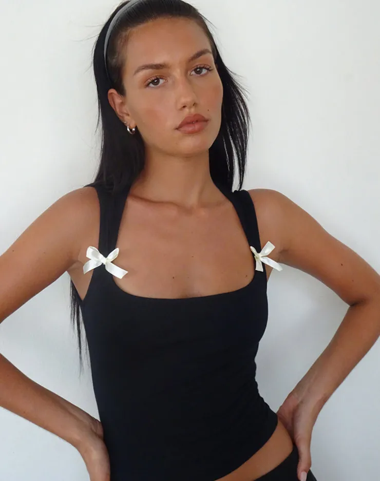 Women Motel Rocks Basic Tops | Vest Tops | Jiniso Crop Top in Black with Ivory Bows