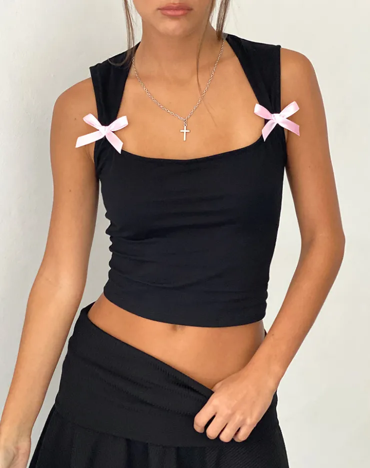 Women Motel Rocks Basics | Basic Tops | Jiniso Crop top in Black with Pink Bows