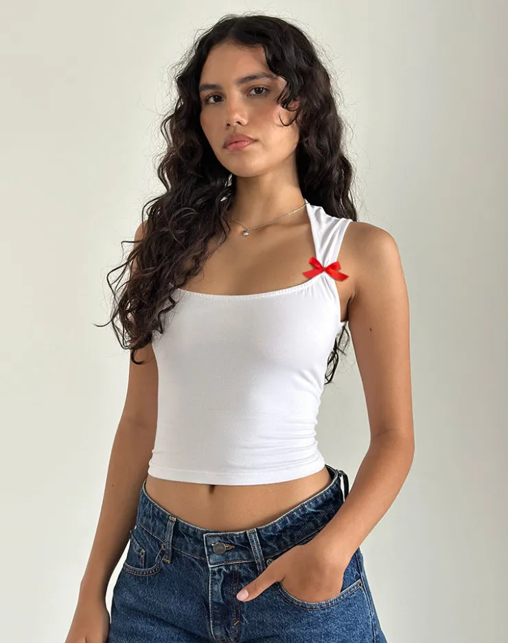 Women Motel Rocks Basic Tops | Crop Tops | Jiniso Top in White with Red Bows