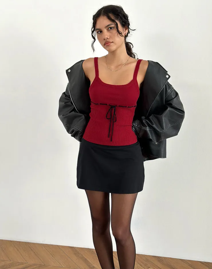 Women Motel Rocks Strappy Tops | Going Out Tops | Joanie Rib Cami Top in Red with Black Tie