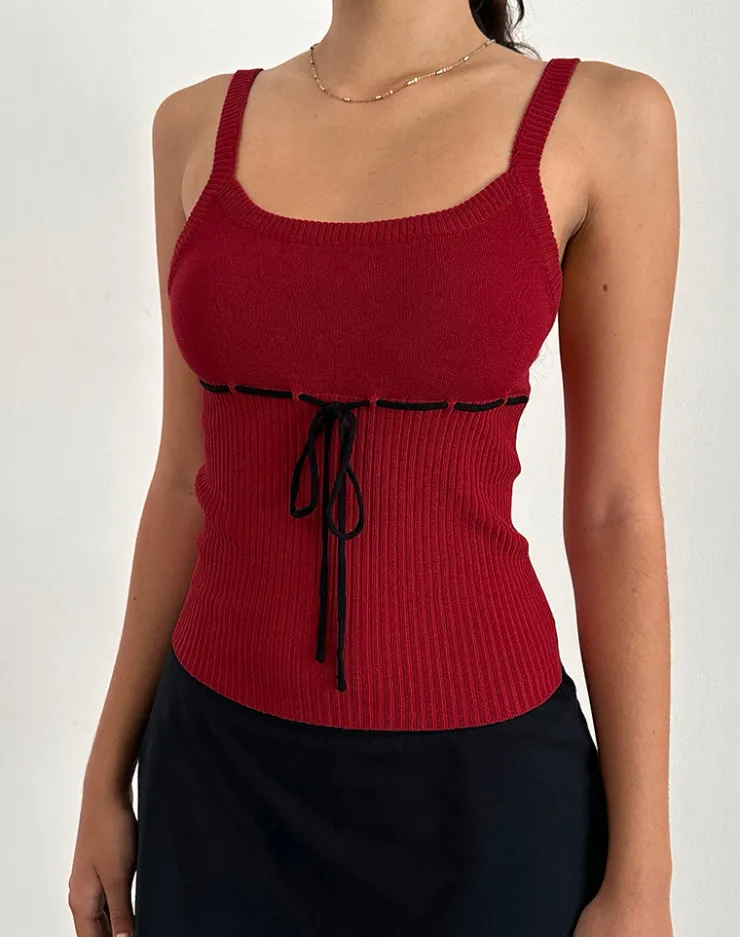 Women Motel Rocks Strappy Tops | Going Out Tops | Joanie Rib Cami Top in Red with Black Tie