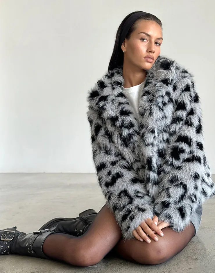 Women Motel Rocks Jackets | Joji Cropped Faux Fur Jacket in Grey Leopard