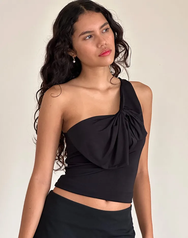 Women Motel Rocks Going Out Tops | Jovie One Shoulder Slinky Bow Top in Black