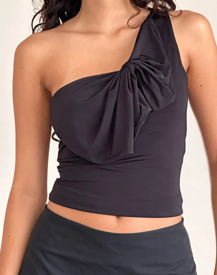 Women Motel Rocks Going Out Tops | Jovie One Shoulder Slinky Bow Top in Black