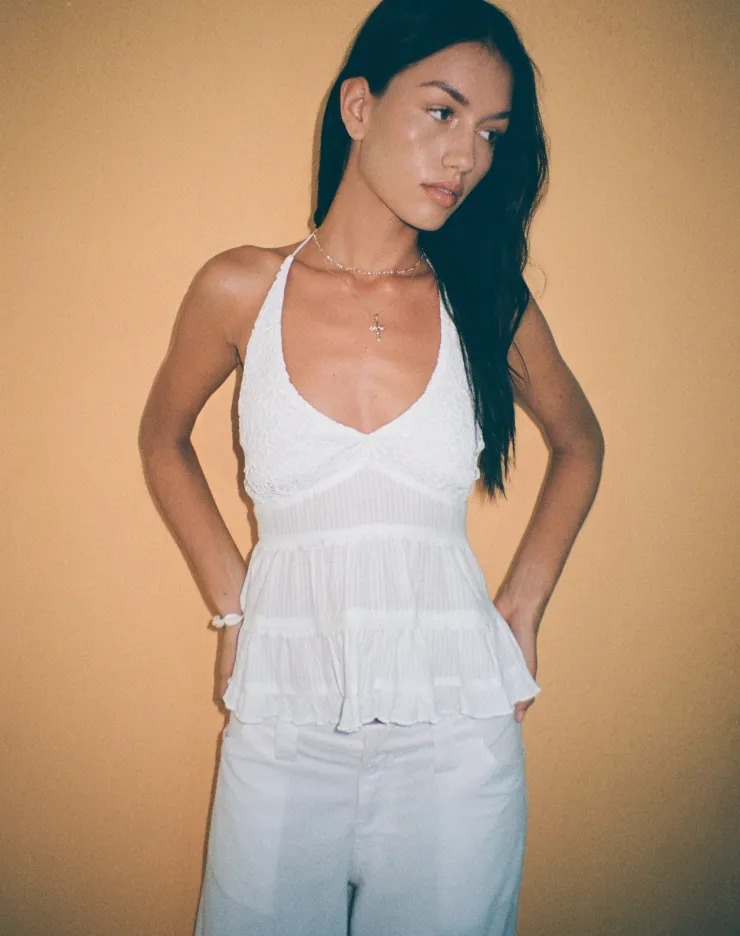 Women Motel Rocks Halterneck Tops | Juanita Frill Halterneck Top in Crochet White