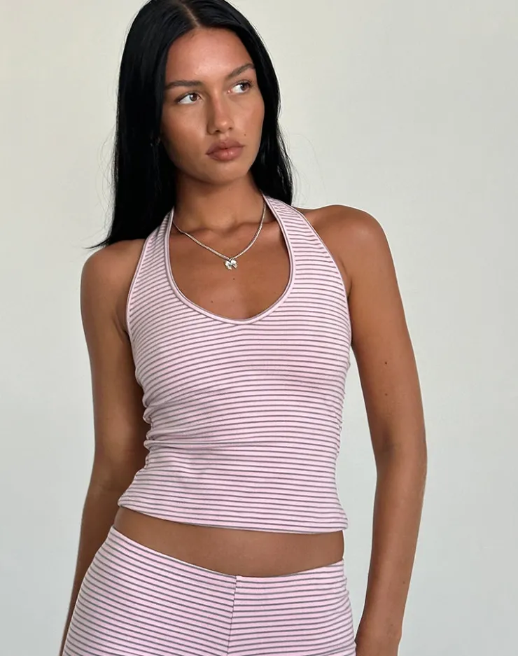 Women Motel Rocks Co-ords | Basic Tops | Jules Halter Top in Pink and Grey Jersey Stripe