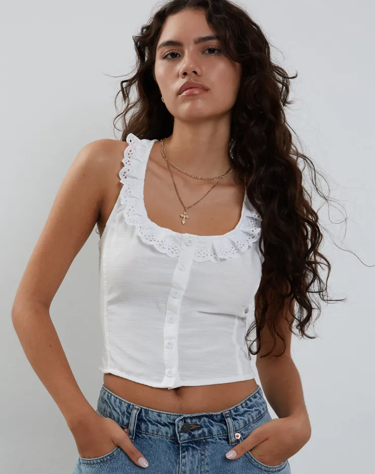 Women Motel Rocks Going Out Tops | Junko Frill Detail Button Through Top in White