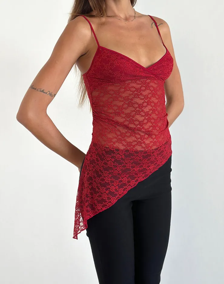 Women Motel Rocks Lace Tops | Going Out Tops | Kacha Asymmetric Cami Top in Red Mari Lace