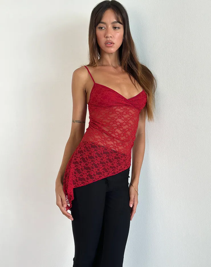 Women Motel Rocks Lace Tops | Going Out Tops | Kacha Asymmetric Cami Top in Red Mari Lace