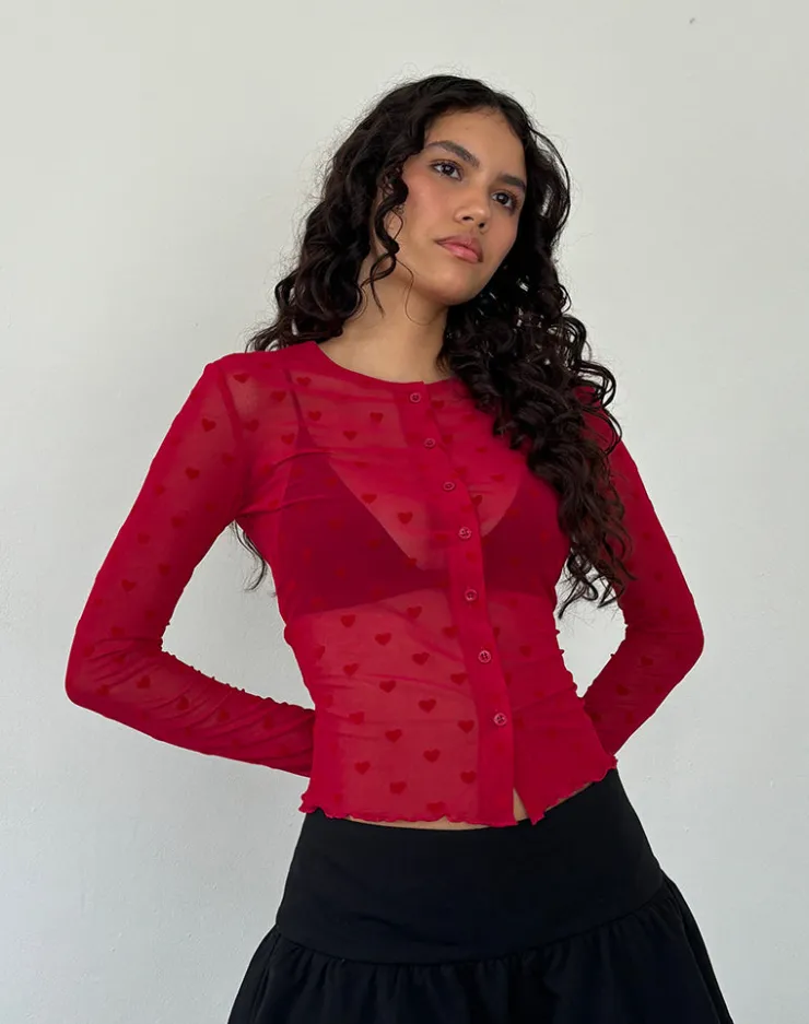 Women Motel Rocks Long Sleeve Tops | Going Out Tops | Kahula Shirt in Red Heart Flocked Mesh