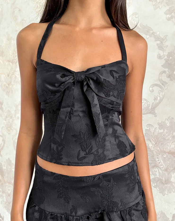 Women Motel Rocks Halterneck Tops | Going Out Tops | Kampi Halter Top in Satin Jacquard Black