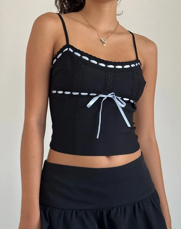 Women Motel Rocks Corset Tops | Strappy Tops | Karda Cami Top in Black with Contrast Ribbon