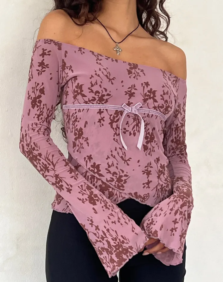 Women Motel Rocks Long Sleeve Tops | Going Out Tops | Kareena Long Sleeve Bardot Top in Abstract Botanic Mauve