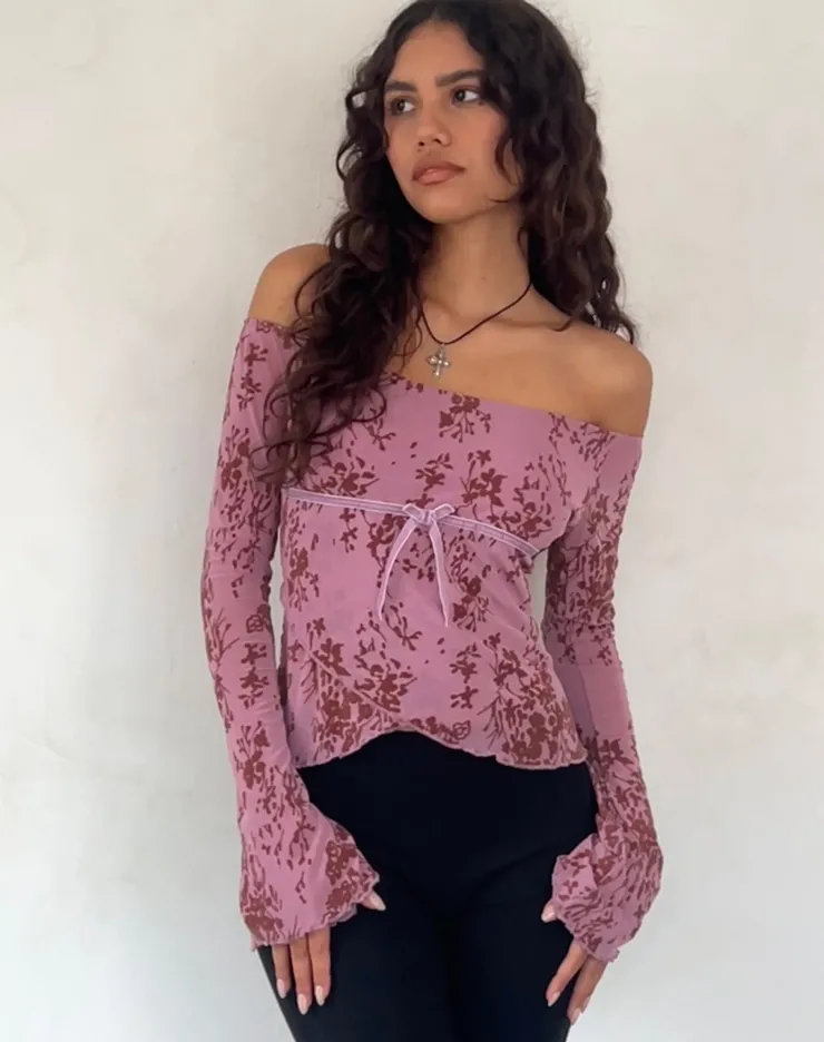 Women Motel Rocks Long Sleeve Tops | Going Out Tops | Kareena Long Sleeve Bardot Top in Abstract Botanic Mauve