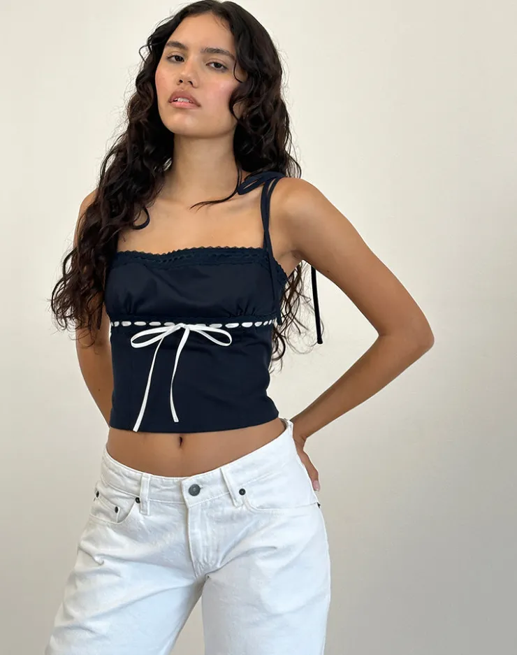 Women Motel Rocks Co-ords | Tailoring | Karisa Cami Top in Navy with White Binding