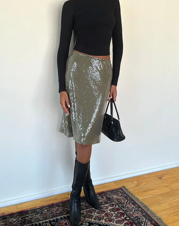 Women Motel Rocks A Line Skirts | Kavi Midi Skirt in Khaki Green Clear Sequin