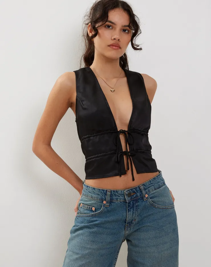 Women Motel Rocks Going Out Tops | Kayson Crop Top in Satin Black