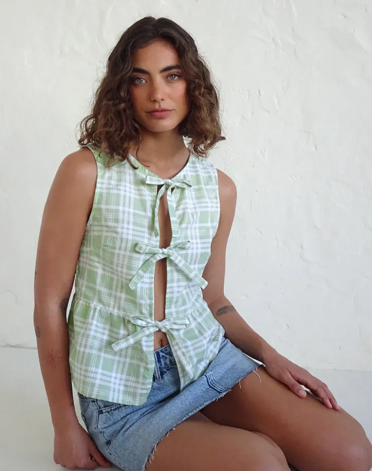 Women Motel Rocks Printed Tops | Strappy Tops | Kayvata Tie Front Top in Table Cloth Neo Mint