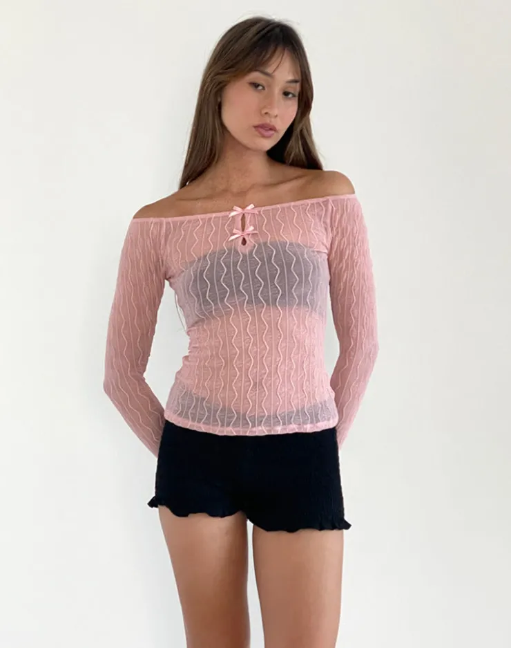 Women Motel Rocks Printed Tops | Long Sleeve Tops | Kazi Bardot Top in Crinkle Pink