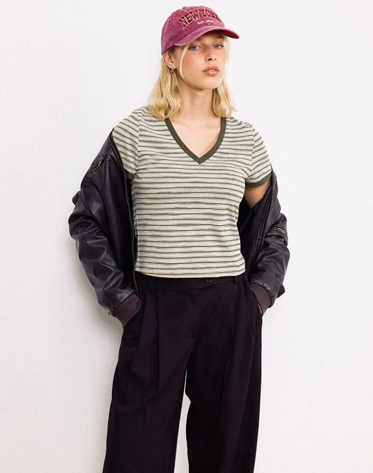 Women Motel Rocks Basic Tops | Printed Tops | Keiko Top in Stripe Jersey Tonal Brown