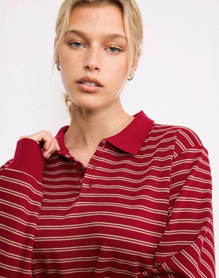 Women Motel Rocks Shirts And Blouses | Long Sleeve Tops | Kemillau Baggy Shirt in Burgundy with White Stripes