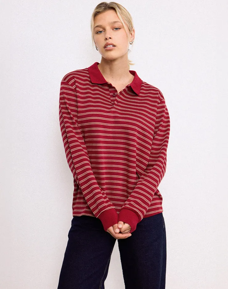 Women Motel Rocks Shirts And Blouses | Long Sleeve Tops | Kemillau Baggy Shirt in Burgundy with White Stripes