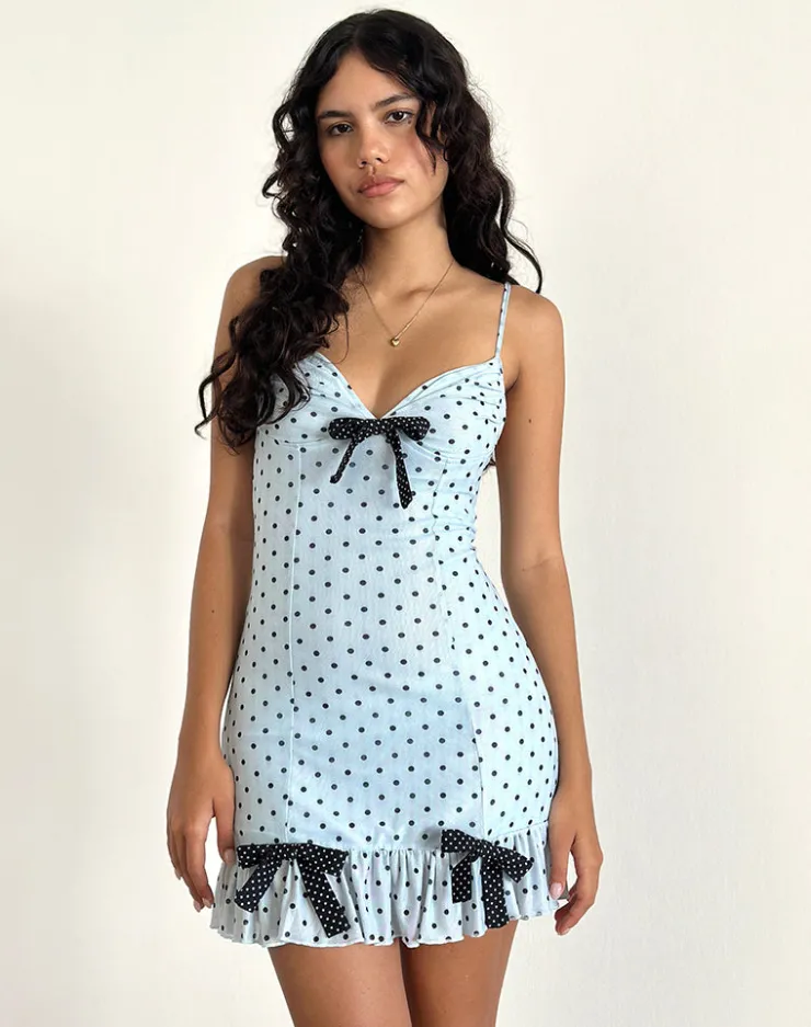 Women Motel Rocks Printed Dresses | Mini Dresses | Khalil Mini Dress in Blue Black Basic Polka