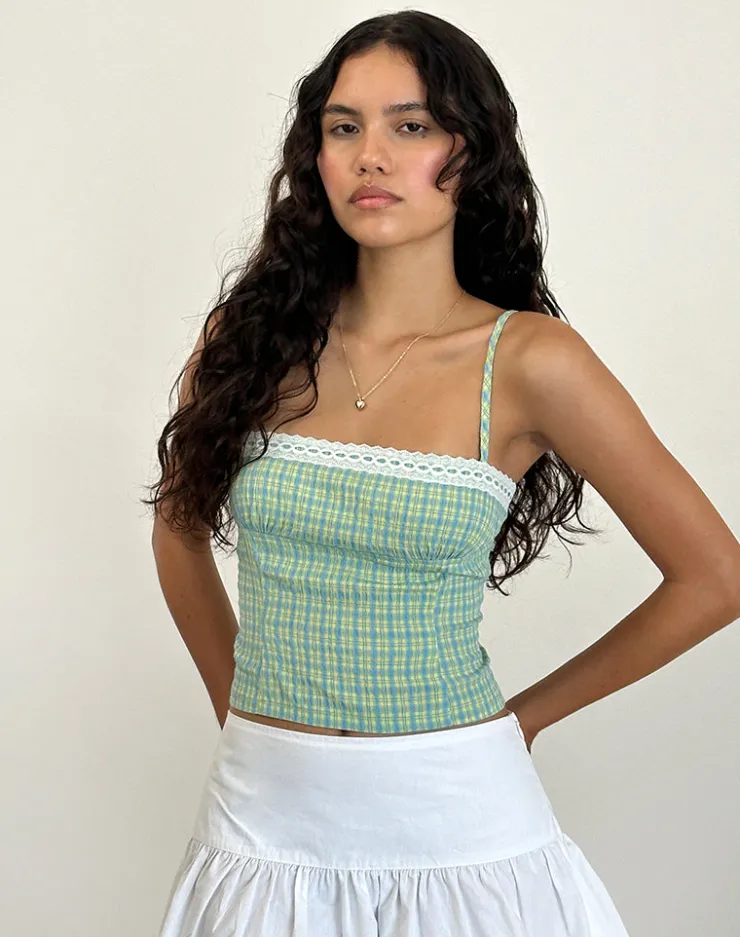 Women Motel Rocks Strappy Tops | Kinaya Cami Top in Blue and Yellow Check