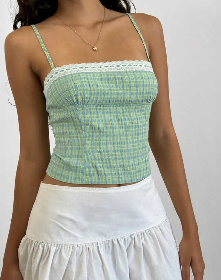 Women Motel Rocks Strappy Tops | Kinaya Cami Top in Blue and Yellow Check