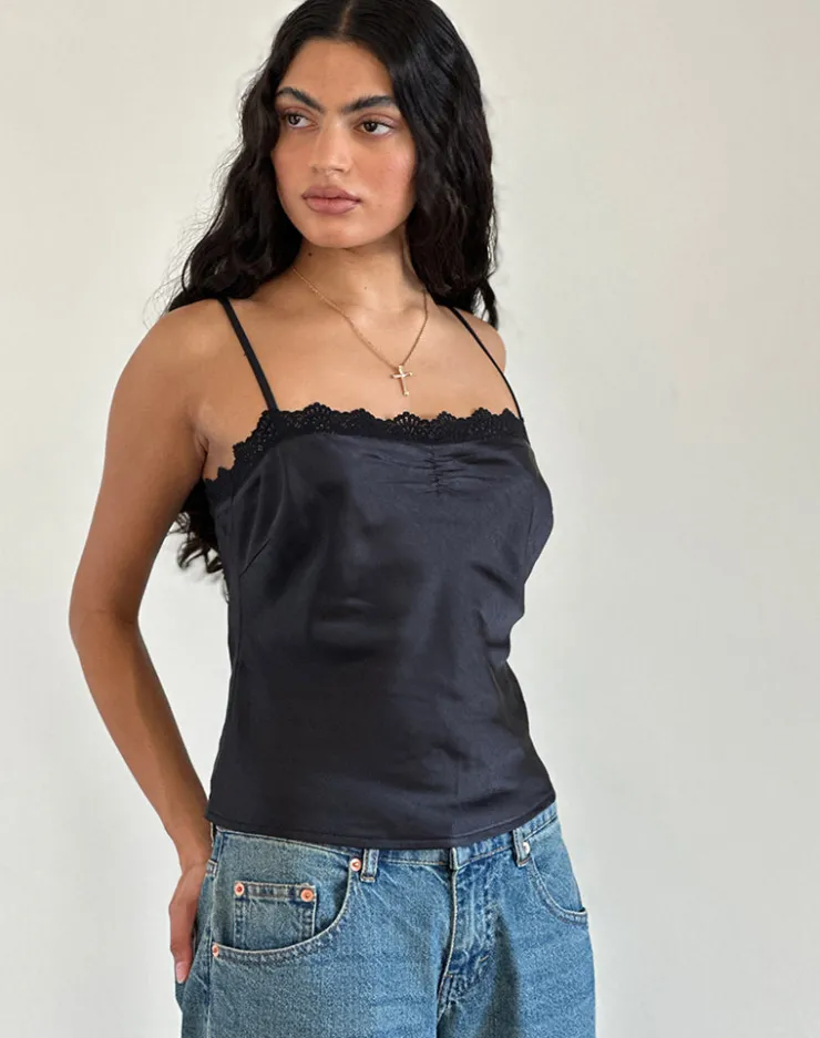 Women Motel Rocks Co-ords | Strappy Tops | Kira Top in Satin Black with Black Lace