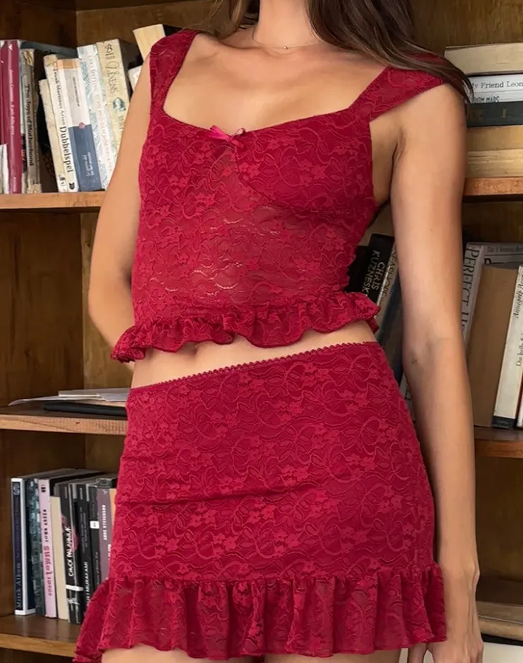 Women Motel Rocks Co-ords | Mini Skirts | Krecia Mini Skirt in Deep Red Lace