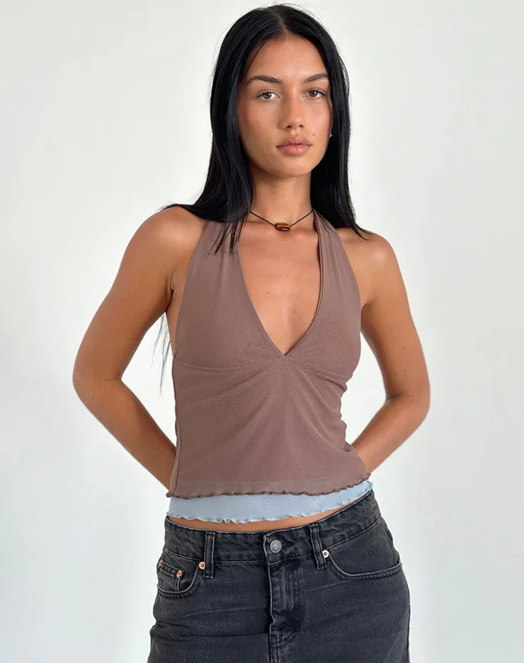 Women Motel Rocks Halterneck Tops | Kubra Halter Top in Mesh Brown and Light Blue